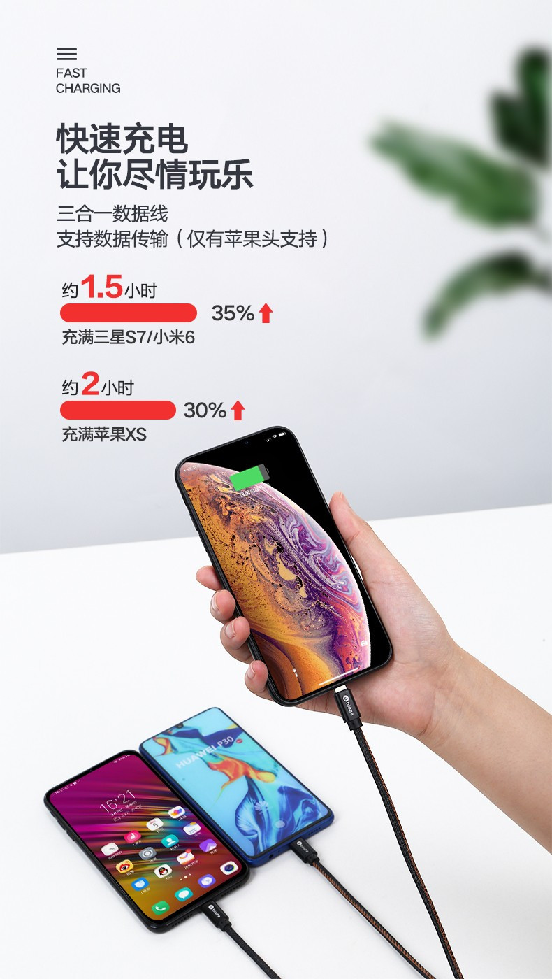 毕亚兹 苹果/Type-c/安卓数据线三合一快充手机充电线 苹果Xs Max/XR小米 1.5米