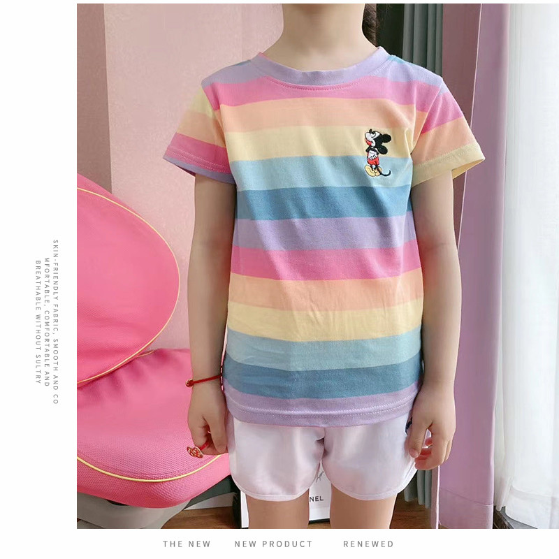 宝娜斯/BONAS 小米奇儿童运动套装 彩虹条纹套装 短袖短裤家居服可外穿两件套