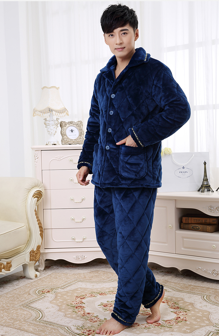 晨韵2015冬季男式法兰绒睡衣三层加厚冬天可外穿男士夹棉长袖家居服