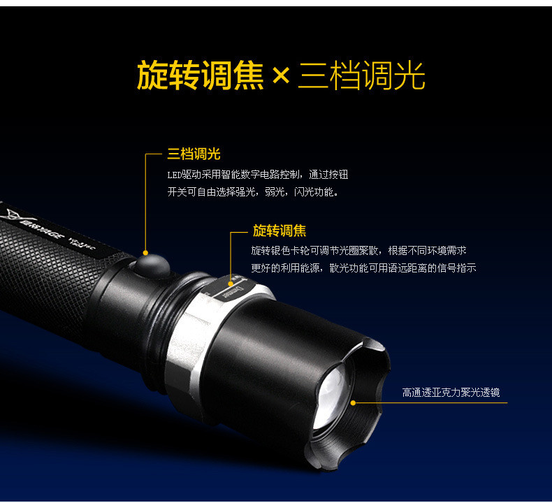 铝合金户外迷你变焦远射防水手电 充电LED手电筒