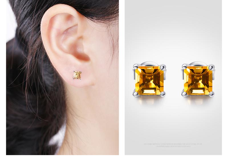 别制 天然黄水晶925银耳钉招财能量石方形耳环彩色宝石耳饰 ESB65003S