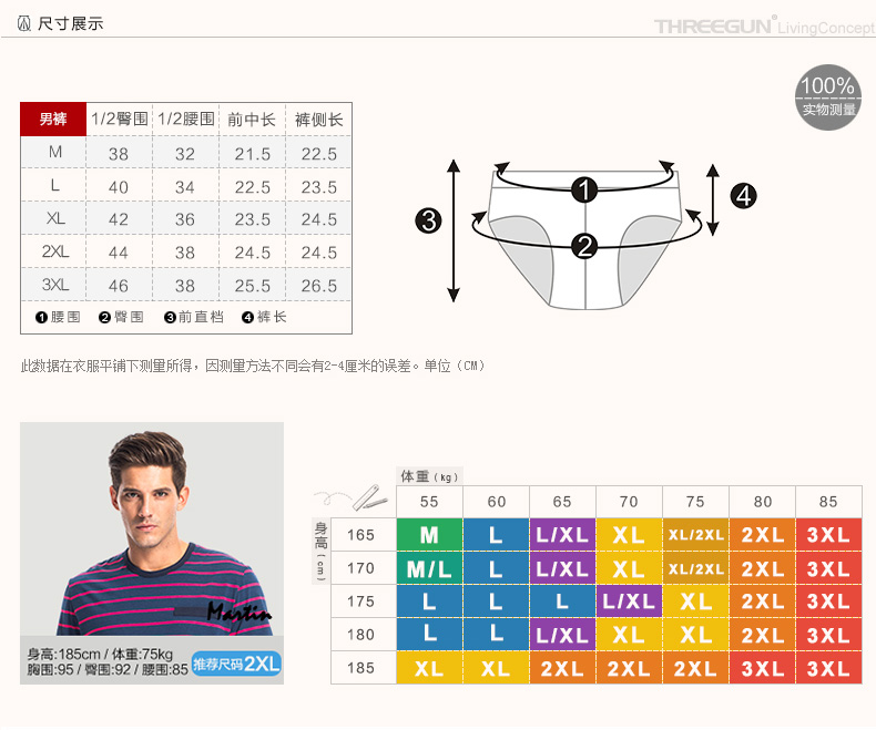 三枪 男士内裤 男平角裤 2016春夏新款 舒肤弹力棉明根男平角裤 50363B0