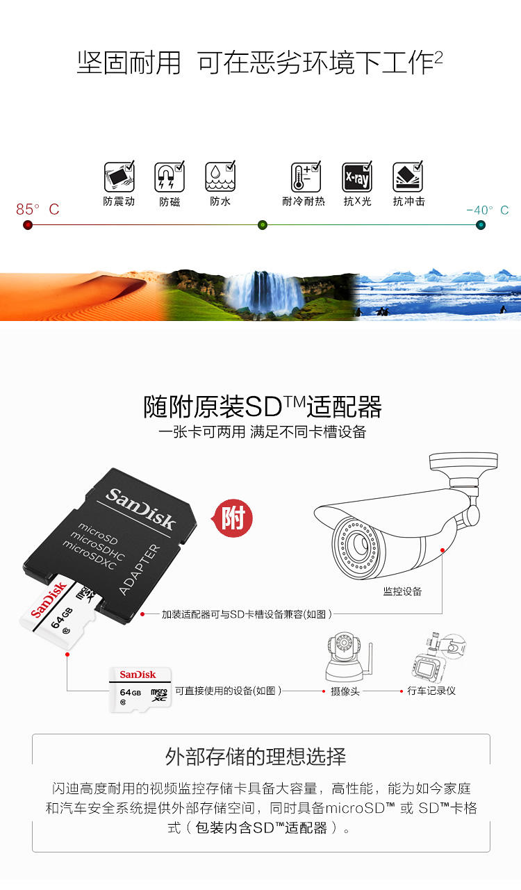 闪迪SanDisk高度耐用视频监控存储卡Micro SDXC 64GB 行车记