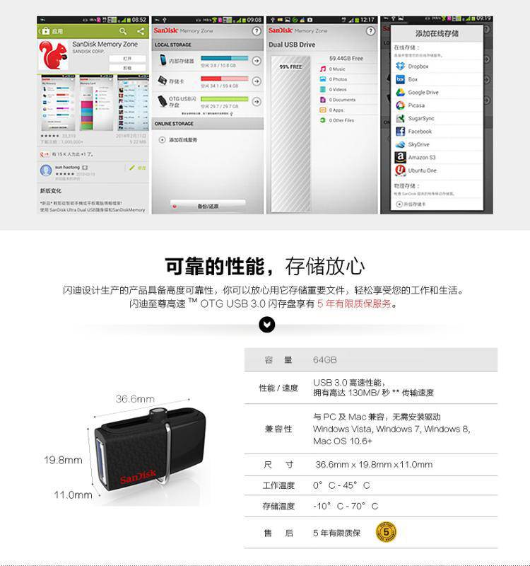 闪迪（SanDisk) 至尊高速 OTG 64GB USB3.0手机U盘,读130MB/秒