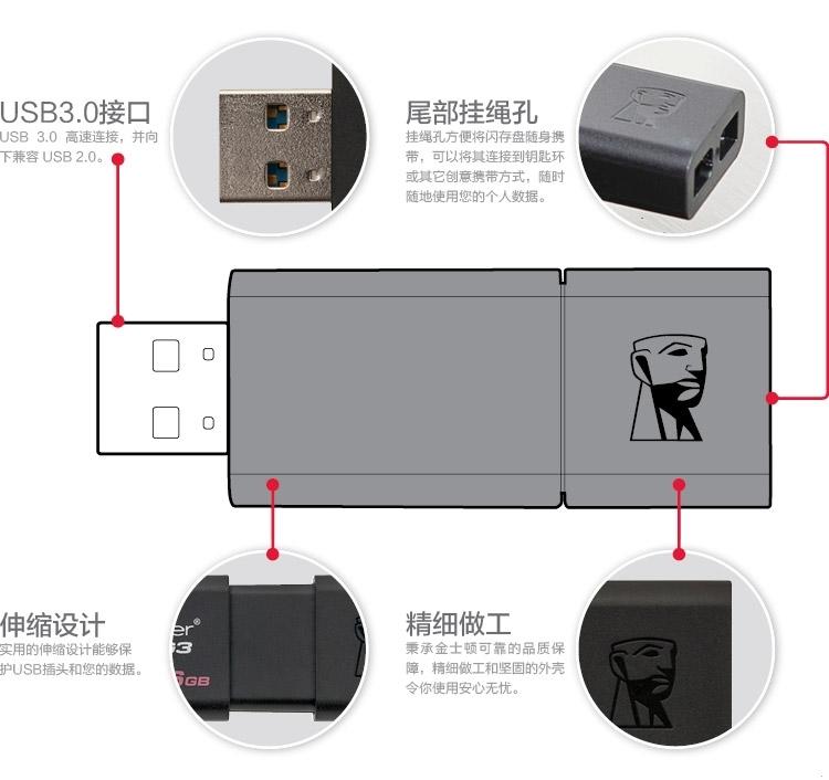 金士顿（Kingston）DT 100G3 16GB USB3.0 U盘 黑色