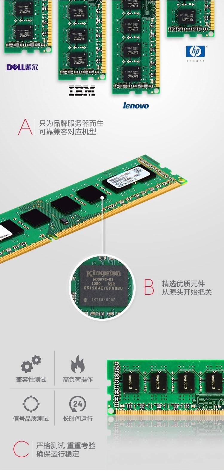 金士顿(Kingston)系统指定 DDR3 1600 4GB ECC戴尔服务器专用内存