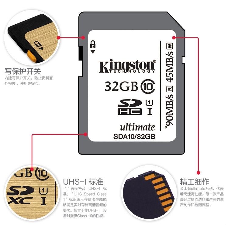 金士顿（Kingston）32GB 90MB/s SD Class10 UHS-I 高速存储卡