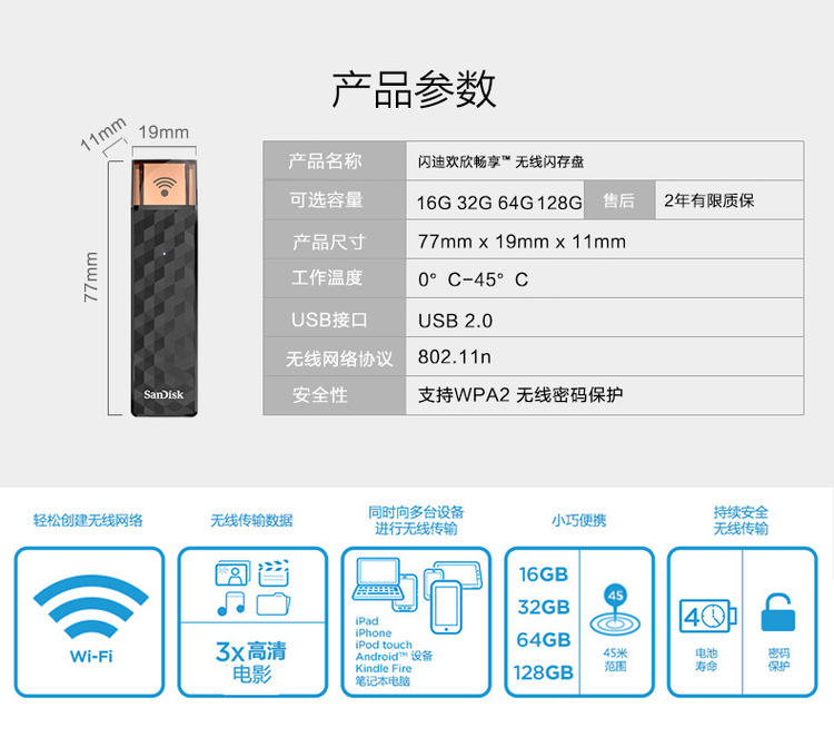 闪迪欢欣畅享闪存盘128G无线wifi U盘苹果iphone安卓手机两用U盘