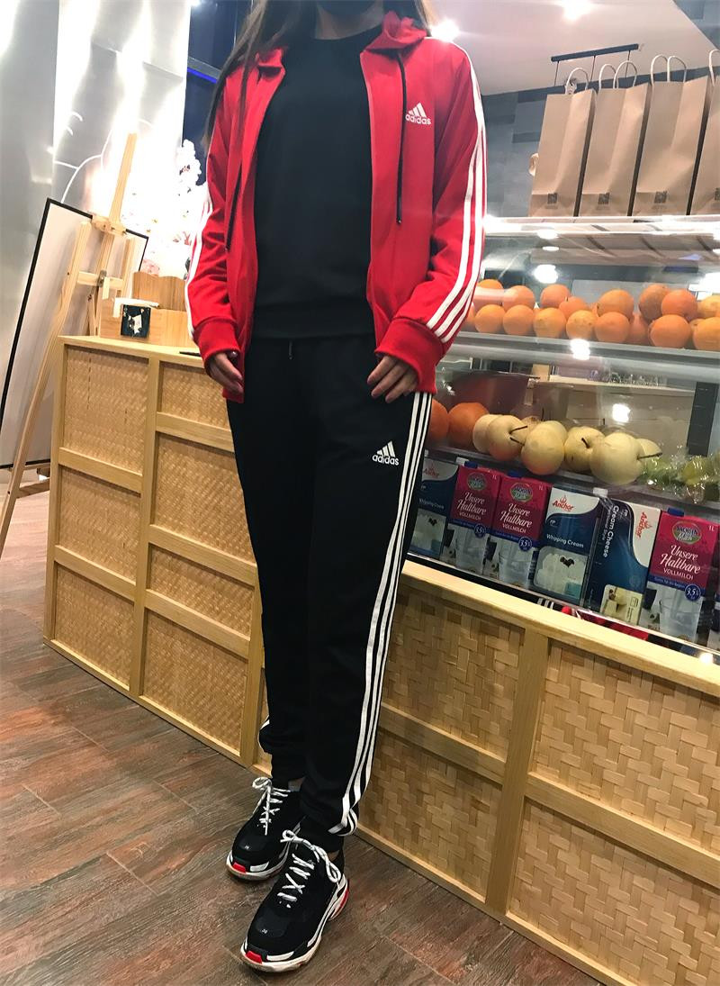 Adidas阿迪达斯运动服套装男女休闲条纹连帽开衫夹克长袖卫衣跑步情侣两件套