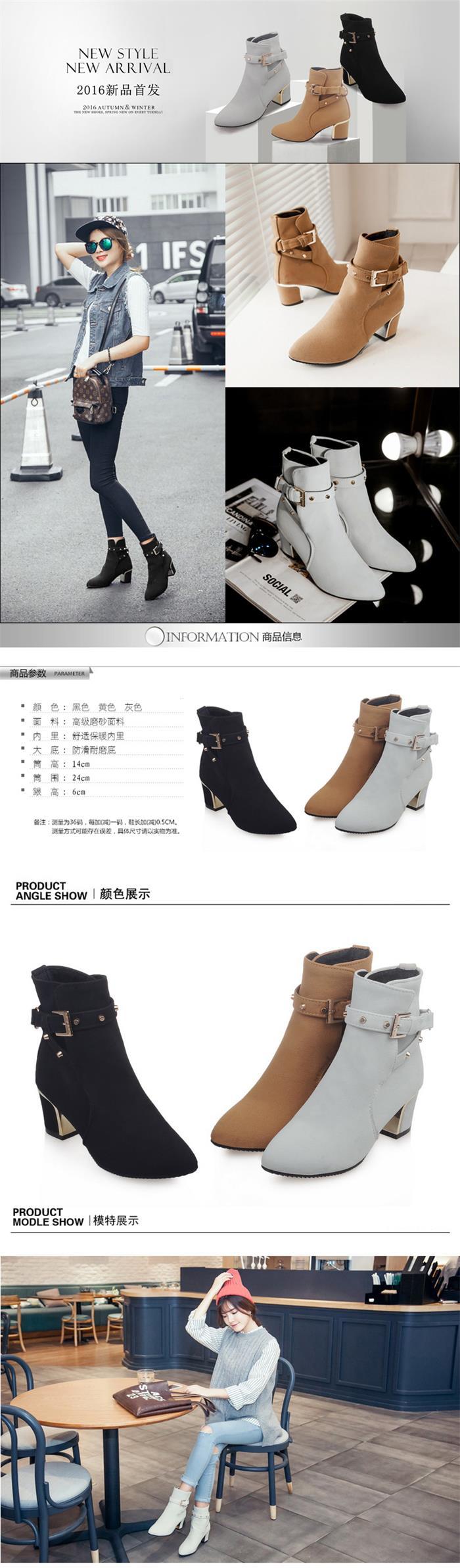 韩版磨砂尖头短靴女秋冬季新款粗跟单鞋子休闲中筒高跟马丁靴