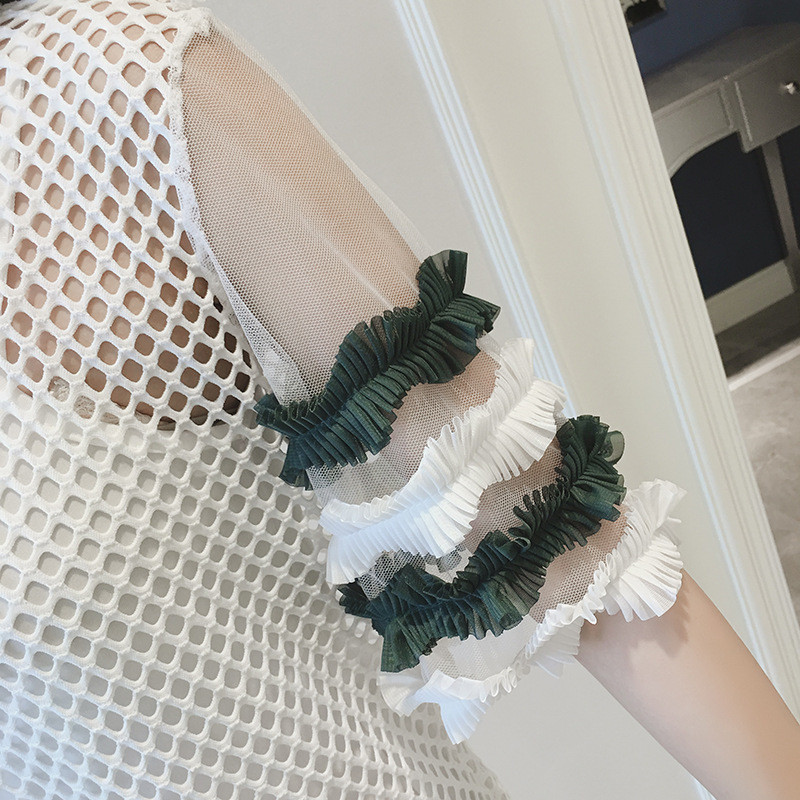 2017夏装新品韩版镂空喇叭袖蕾丝连衣裙打底吊带背心两件套装女