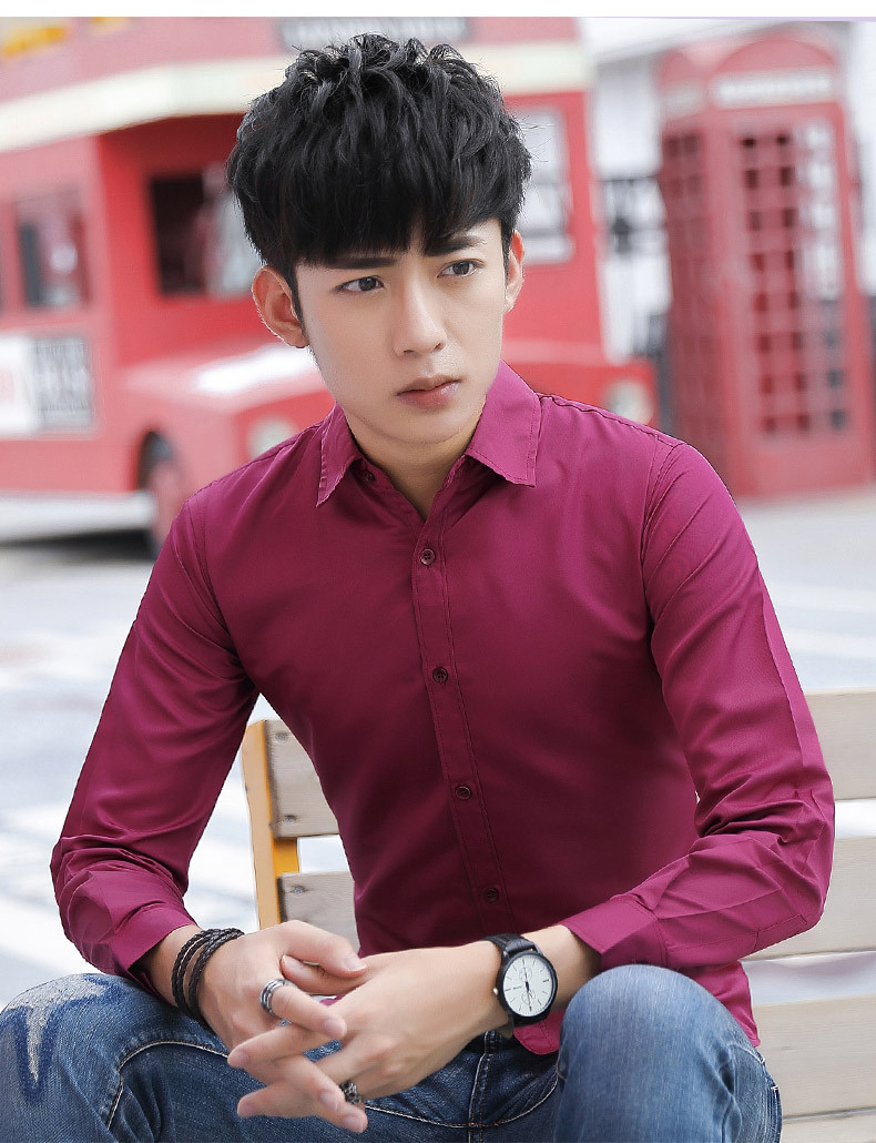 衬衫纯色扣领尖领2017年青春流行秋季长袖薄款修身型亮面扎染
