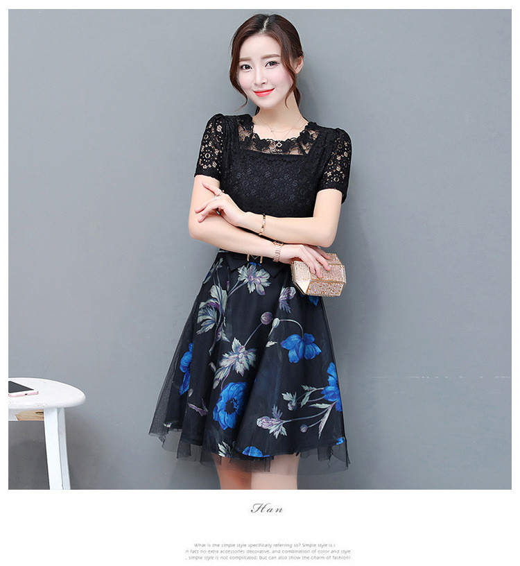 2017夏季新款韩版收腰显瘦女大码短袖A型蕾丝印花连衣裙女中长款