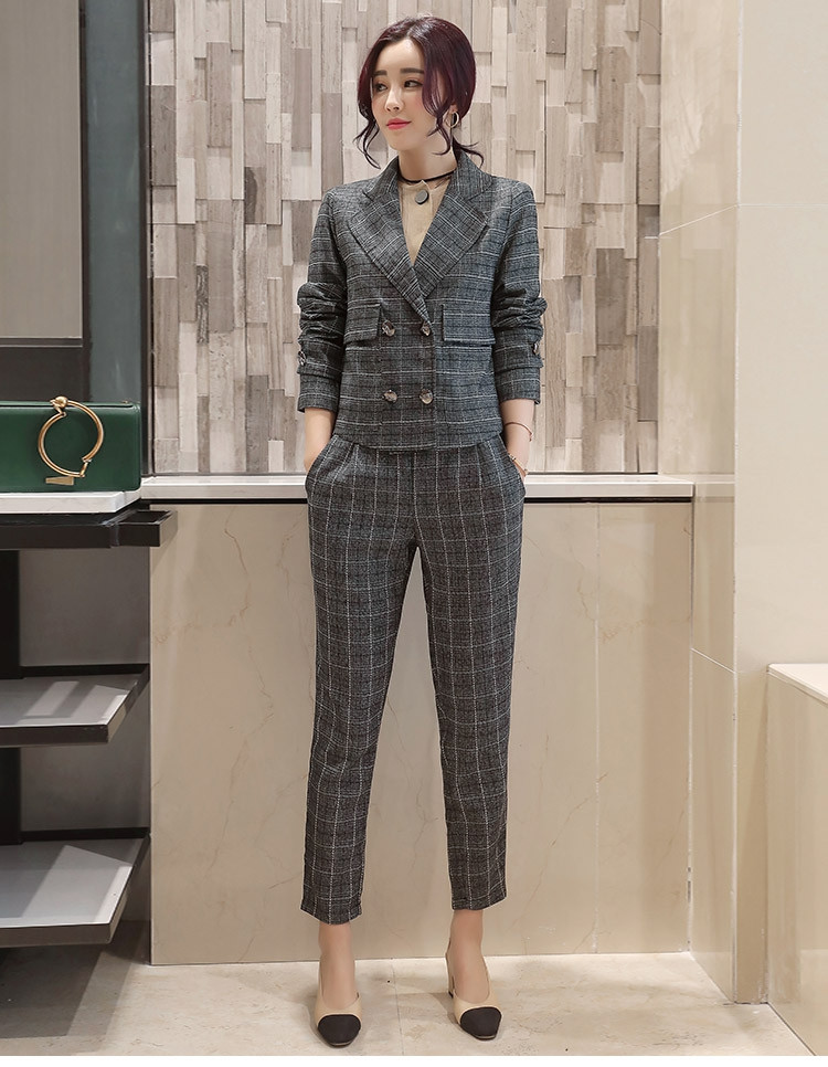 2017春秋装韩版修身时尚格子西装套装两件套九分裤时尚端庄潮女