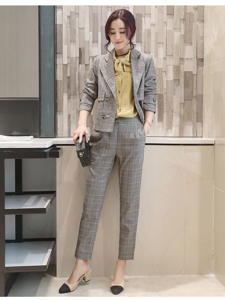 2017春秋装韩版修身时尚格子西装套装两件套九分裤时尚端庄潮女