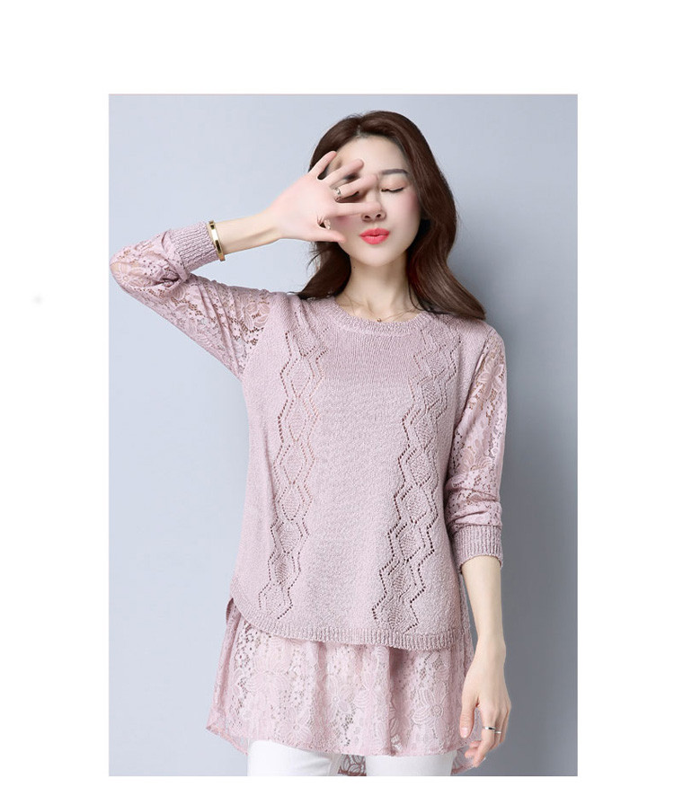 2017春季新款韩版宽松套头薄款毛衣女长袖蕾丝拼接针织衫女中长款