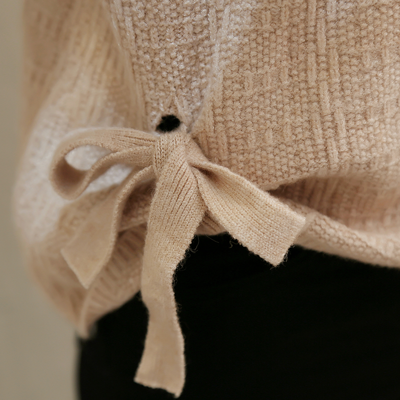 2017秋季新款韩版圆领系带针织衫女纯色套头短款宽松长袖薄款毛衣