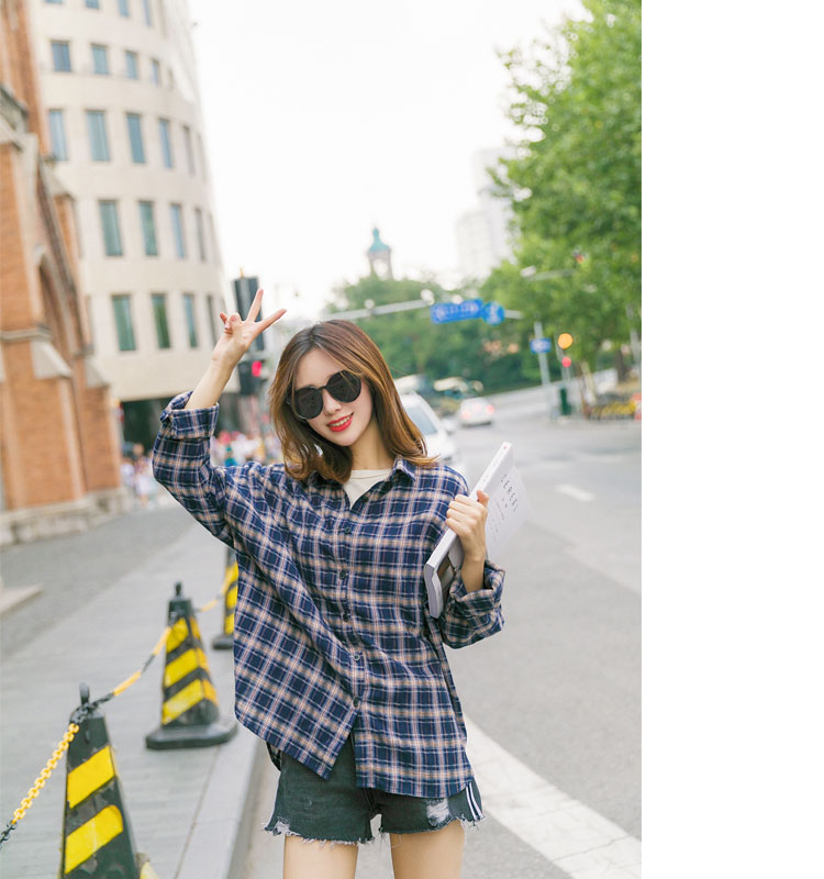 2017秋装新款韩版女装bf风宽松百搭学生衬衣宽松显瘦长袖格子衬衫