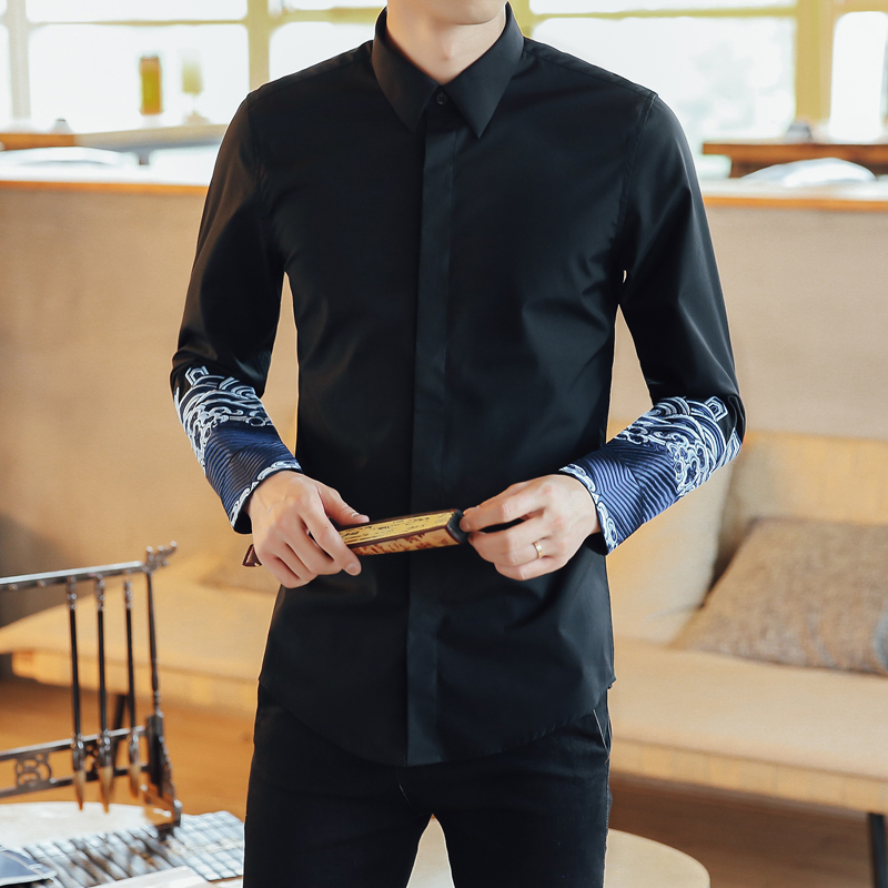 2017衬衫男士长袖t恤唐装中国风体桖青年上衣服修身秋季刺绣外套