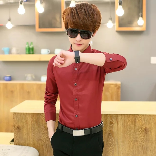  2017 新款黑色长袖纯色衬衫男士韩版修身青少年休闲男装衬衣