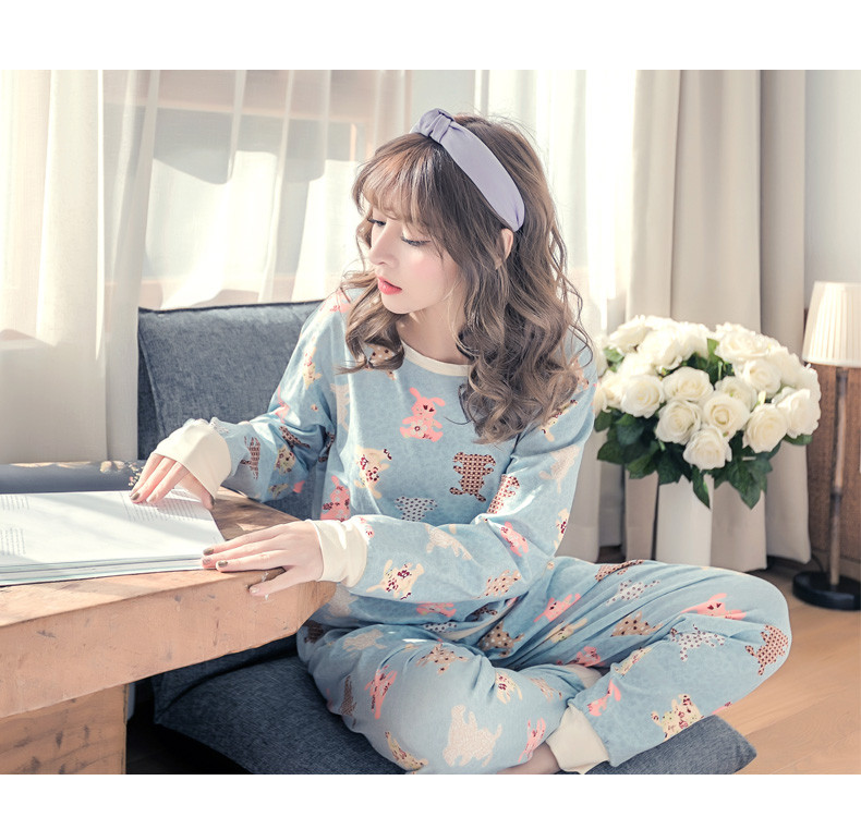 韩版牛奶丝睡衣女长袖休闲女士卡通可爱家居服套