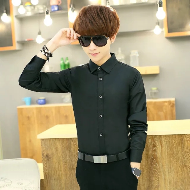  2017 新款黑色长袖纯色衬衫男士韩版修身青少年休闲男装衬衣