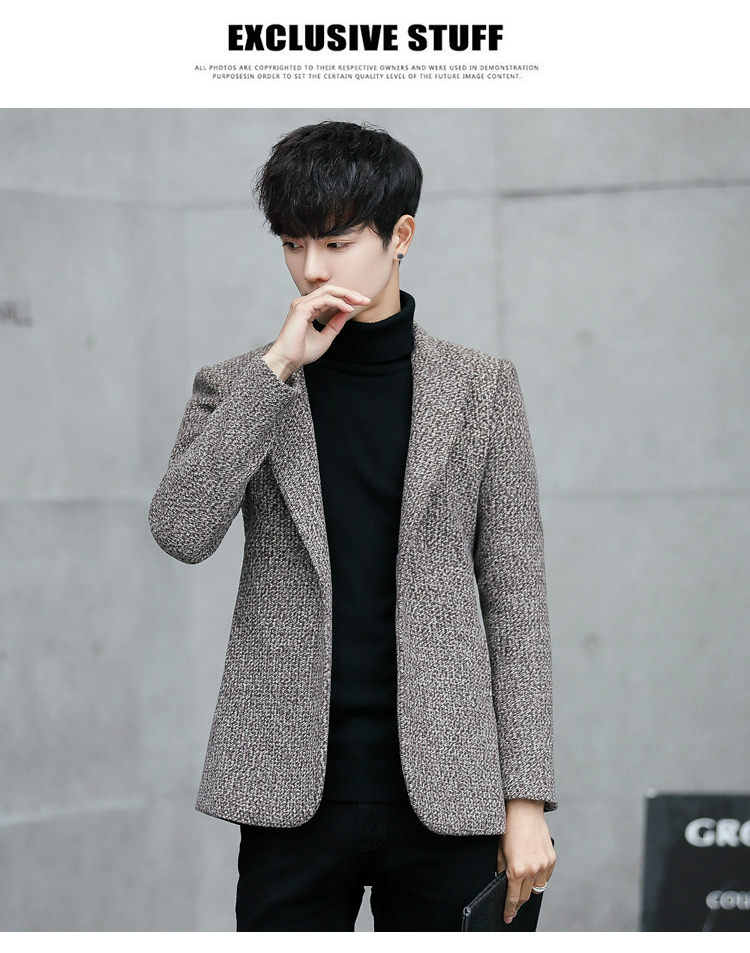 新款男士韩版修身风衣短款呢料呢大衣西装领夹克外套