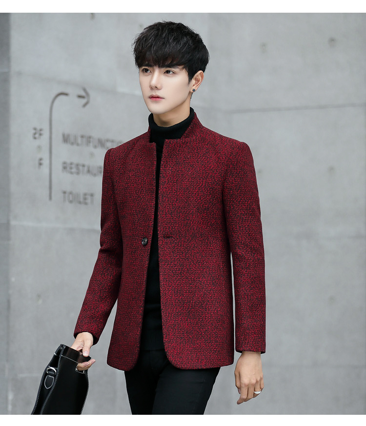 新款男士韩版修身风衣短款呢料呢大衣西装领夹克外套