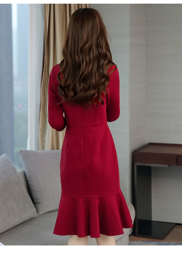 七分袖2018年春款中长款套头V领纯色连衣裙修身显瘦