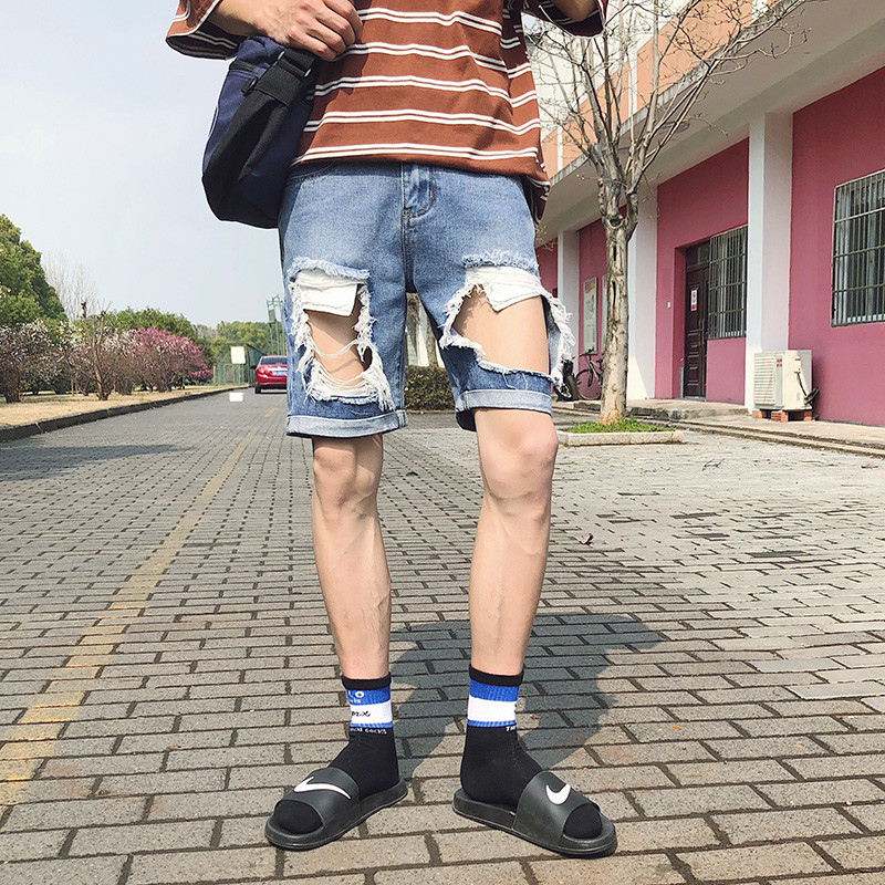2018夏装新款港风时尚破洞男士牛仔五分裤韩版中裤短裤