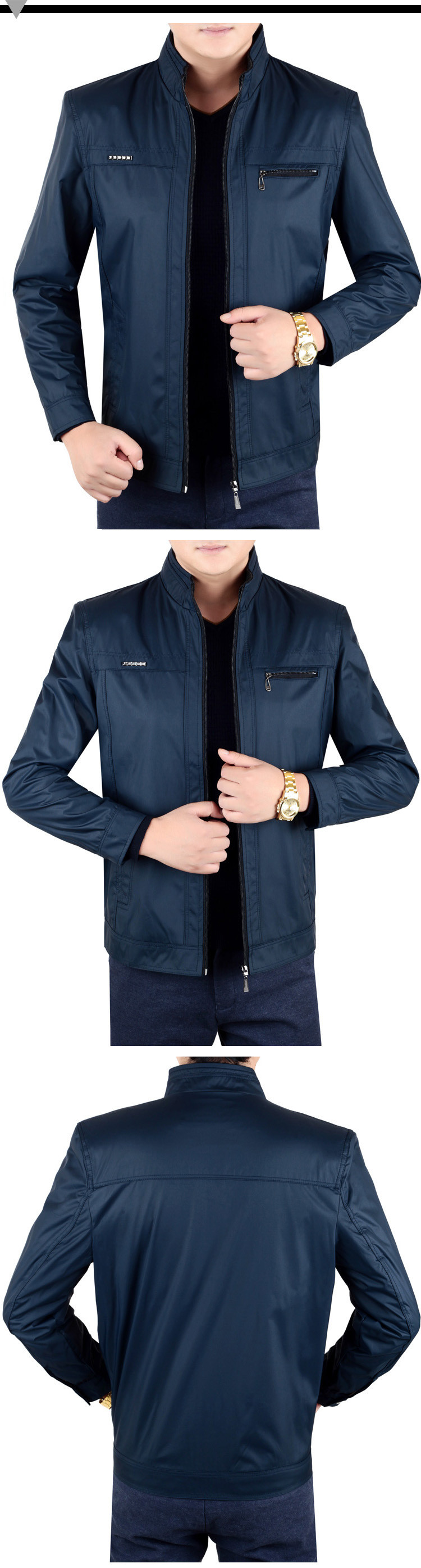 新款中年男式夹克休闲外套商务男装薄款纯色立领男夹克衫