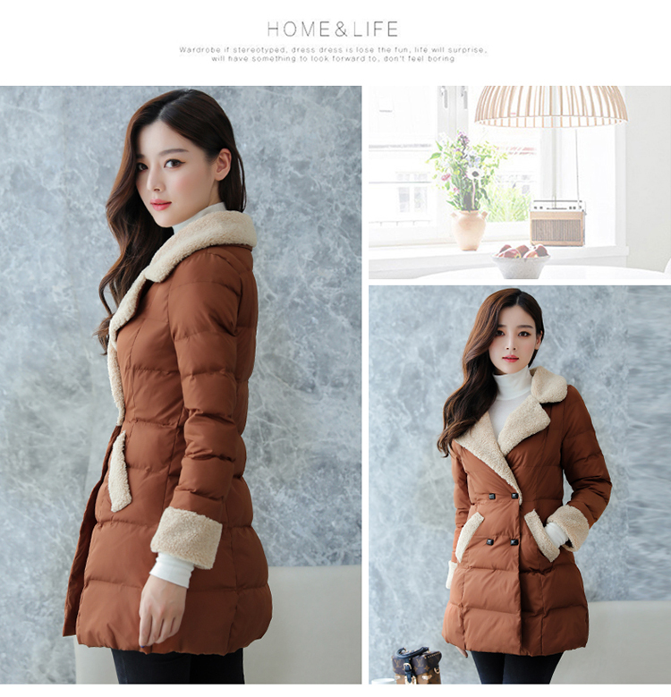 2017冬季新款女装韩版修身双排扣羊羔毛翻领中长款显瘦棉衣女外套