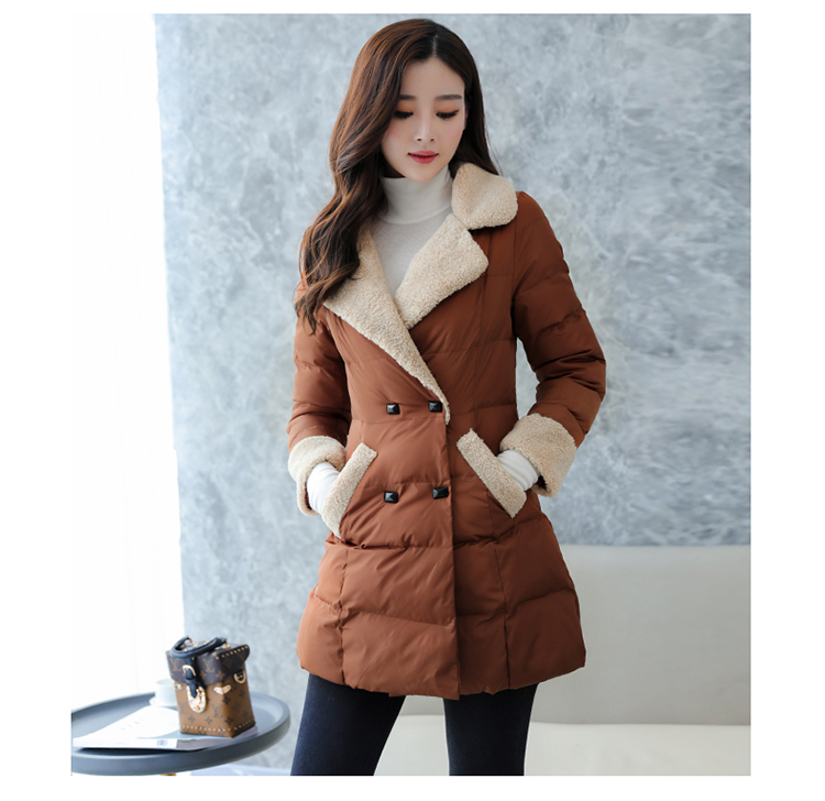 2017冬季新款女装韩版修身双排扣羊羔毛翻领中长款显瘦棉衣女外套