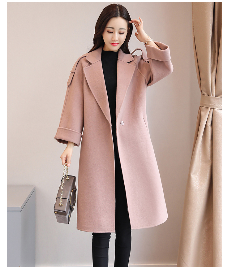 韩国2017秋冬季韩版修身呢子大衣中长款宽松显瘦系带毛呢外套女