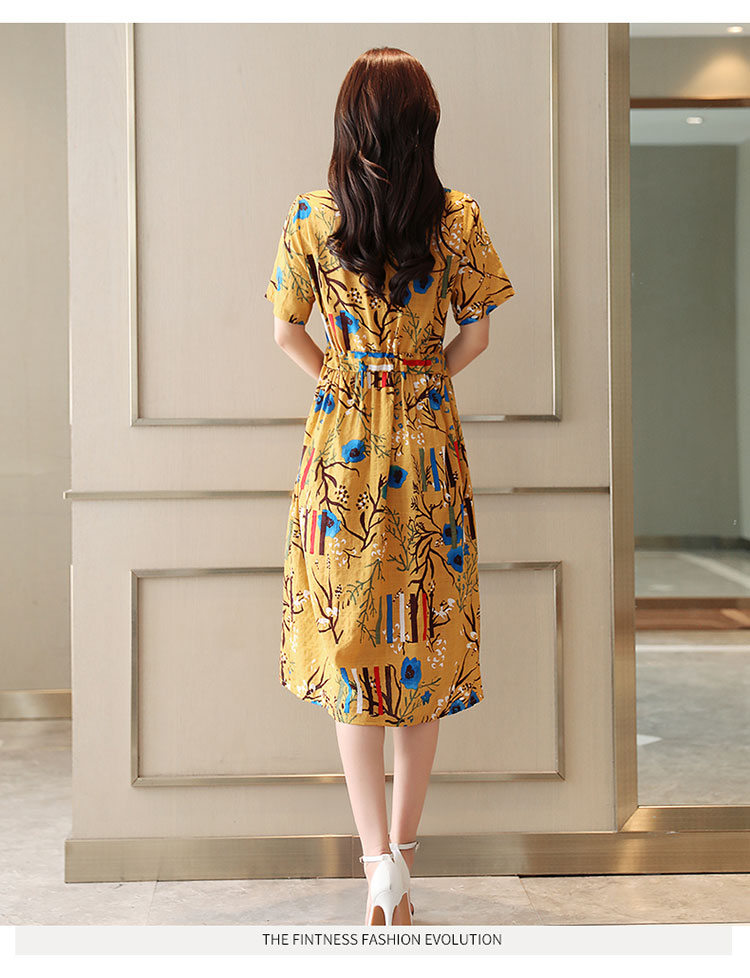 大摆型短袖高腰圆领花色系带印花中长款2018年夏季连衣裙X型时尚都市