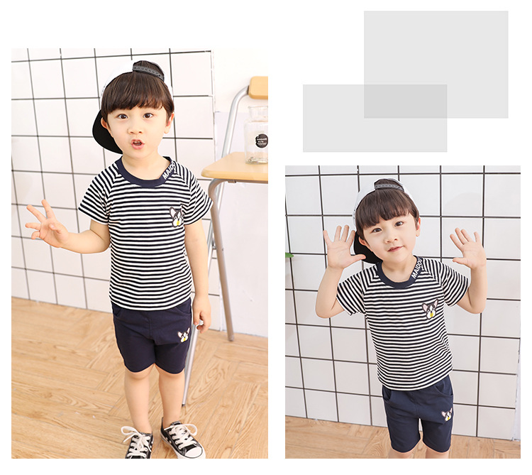 2018夏季新款韩版男童中小童时尚字母领条纹小狗两件套