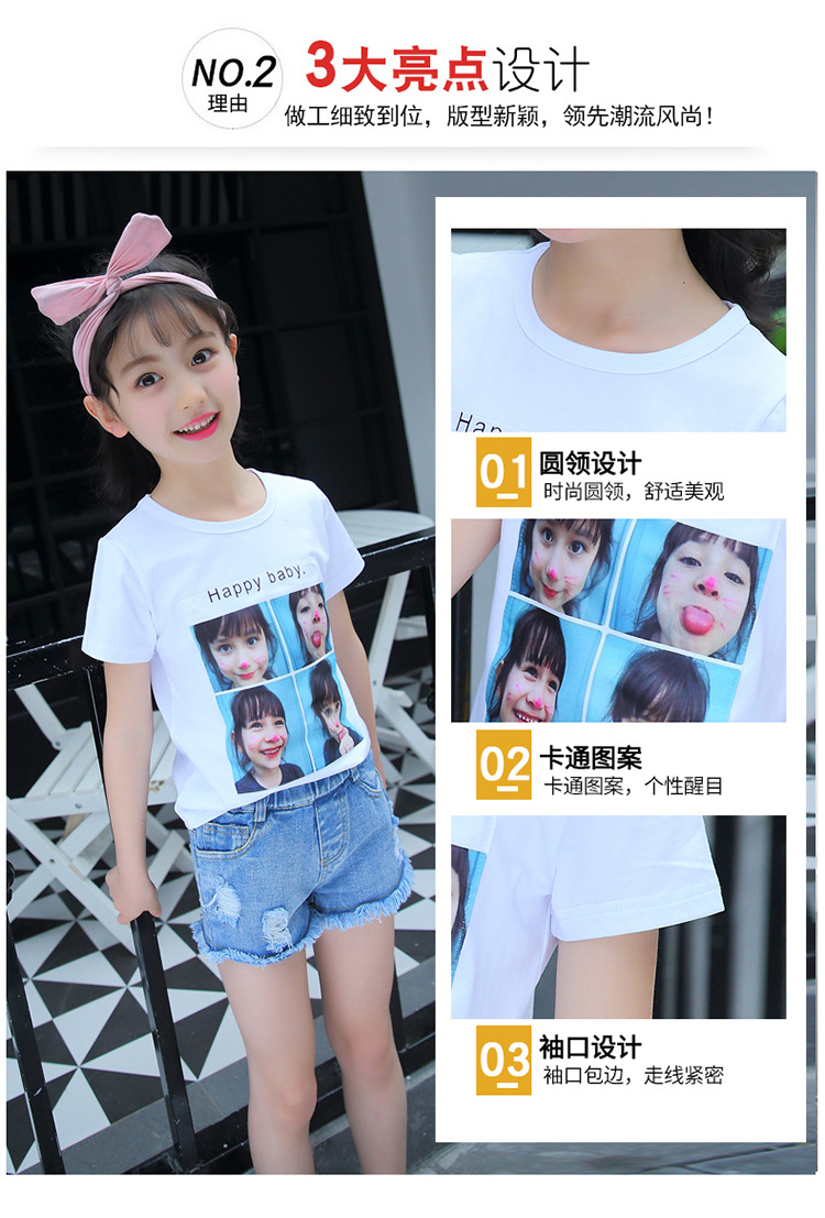 2018女童夏款韩版新款t恤儿童中大童印花拼图头像短袖一件