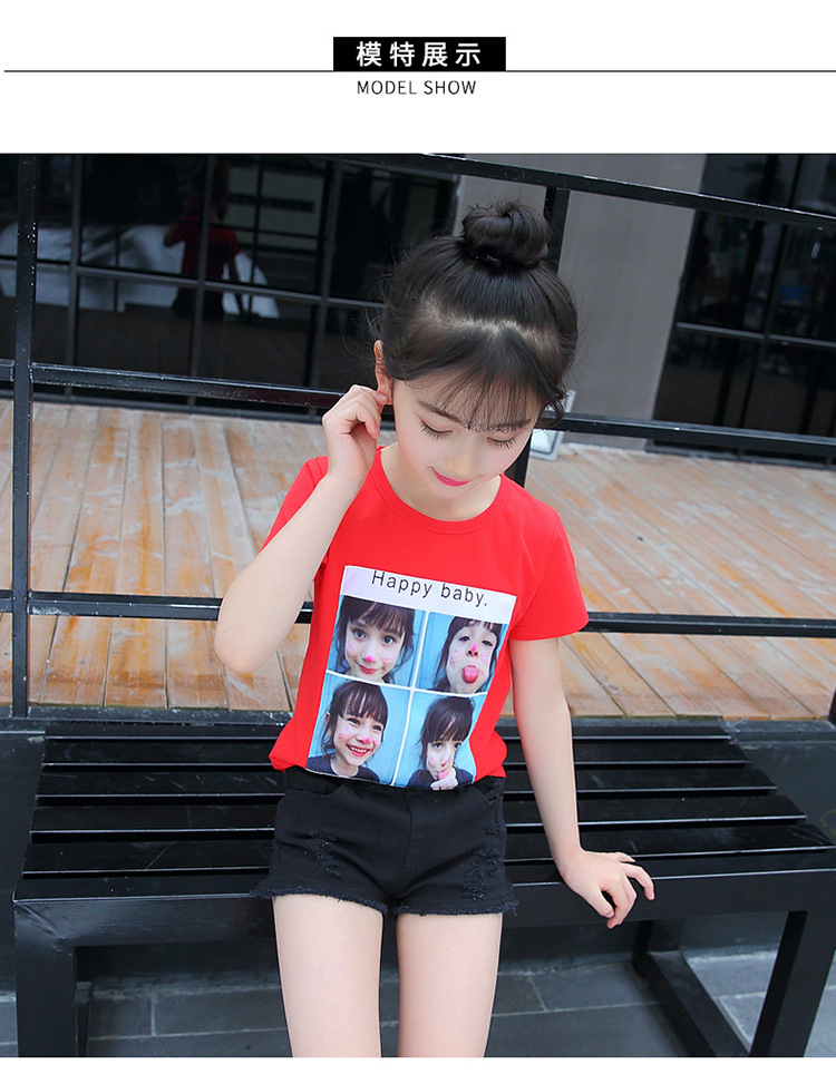 2018女童夏款韩版新款t恤儿童中大童印花拼图头像短袖一件