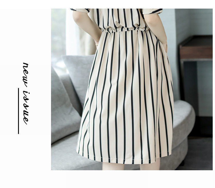 条纹套头松紧腰圆领短袖时尚优雅甜美2018年夏季连衣裙