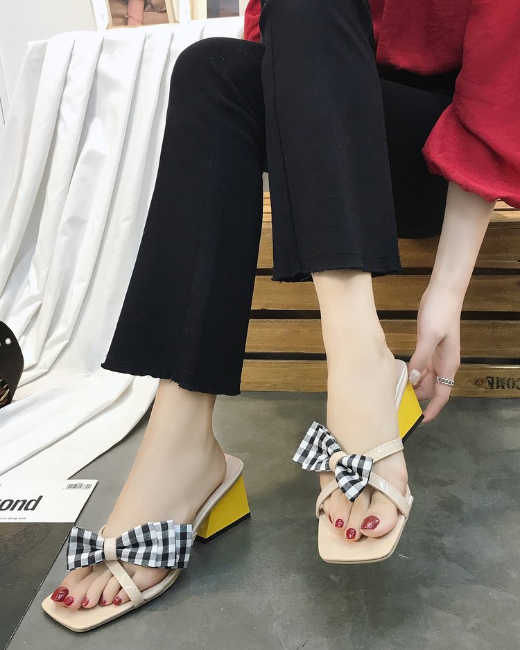 蝴蝶结拖鞋女夏外穿2018新款韩版时尚百搭高跟一字拖网凉拖鞋潮