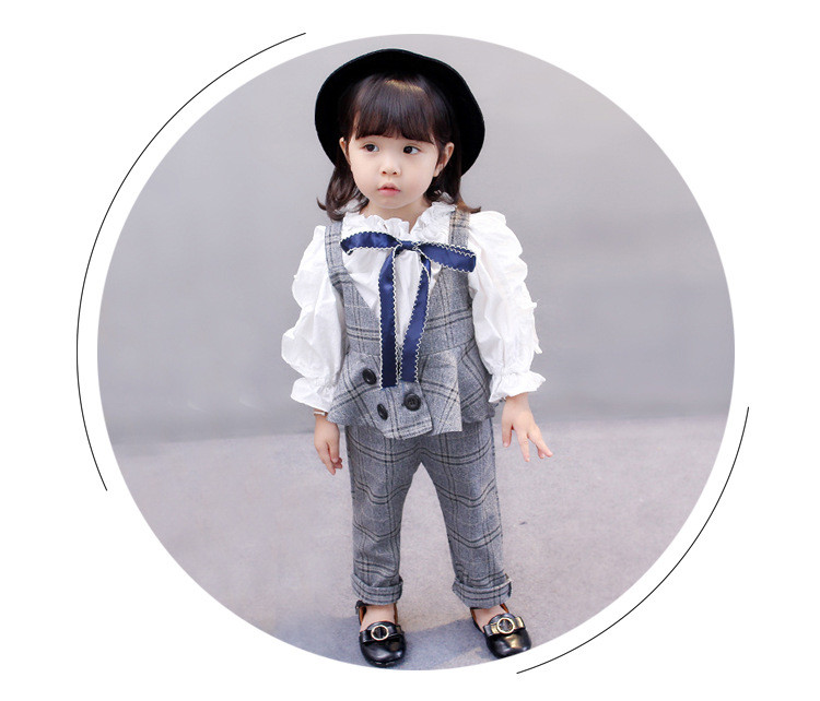 女童格子三件套2017秋季新款韩版中小童娃娃领打底衫宝宝棉麻套装