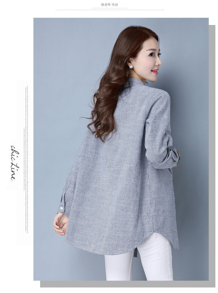 秋款衬衫女长袖韩版2017新款时尚条纹立领刺绣中长款优雅修身显瘦