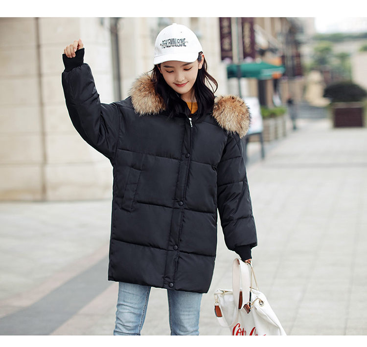 2017年冬季长袖中长款拉链连帽纯色棉衣/棉服时尚气质优雅街头