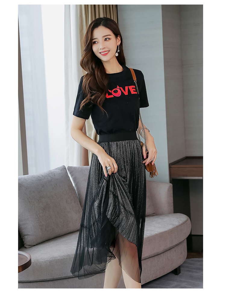 圆领高腰2018年夏季短袖连衣裙舒适韩版中长款简约都市字母气质
