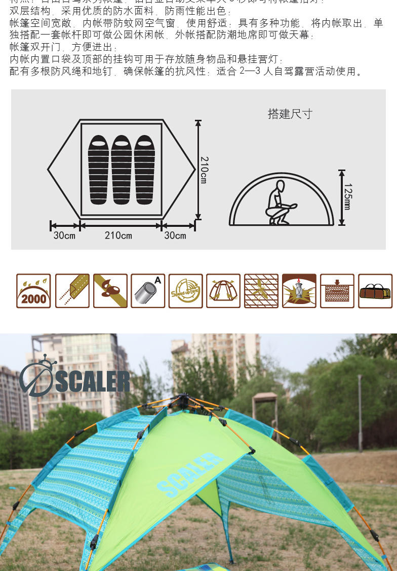 思凯乐户外装备 公园休闲露营防风防暴雨3-4人三季自动帐篷z6453027