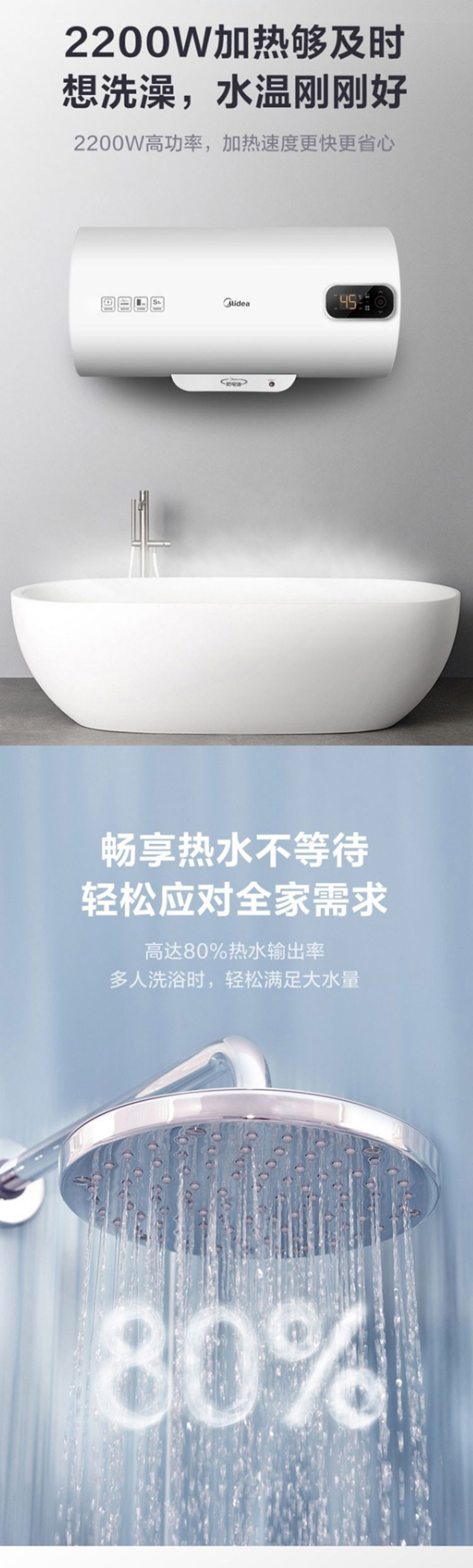 美的/MIDEA 数显电热水器 低耗保温 家用速热节能 F40-22BA3(H) 电热水器 极地白