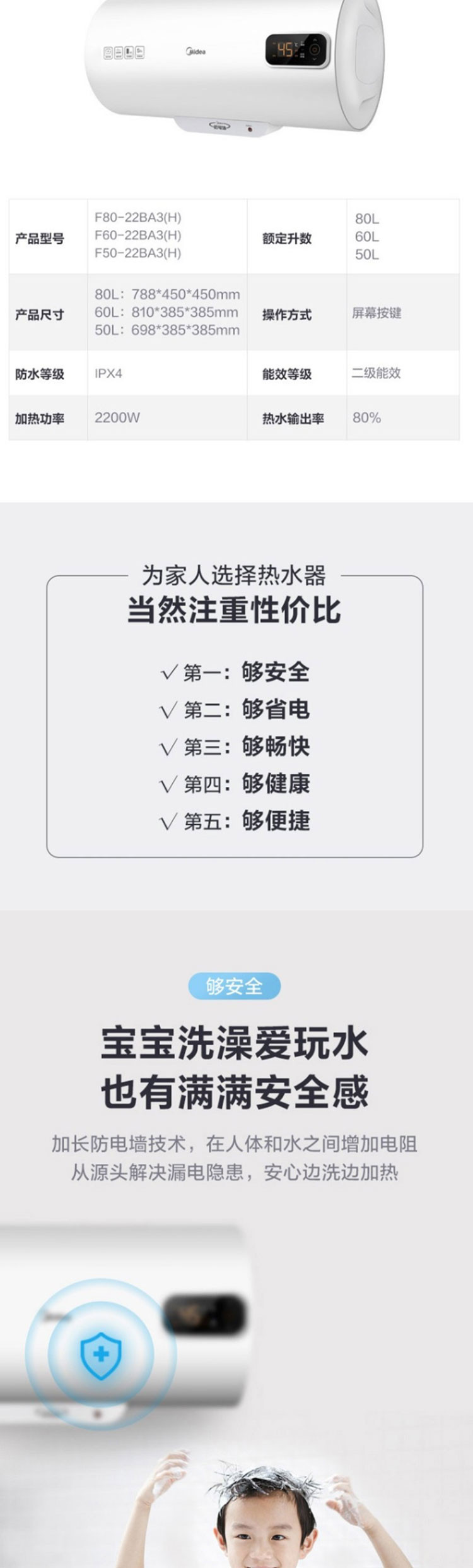 美的/MIDEA 数显电热水器 低耗保温 家用速热节能 F40-22BA3(H) 电热水器 极地白