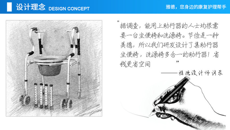 雅德 座助行器加厚铝合金老人坐便椅可洗澡康复器材可折叠马桶椅 YC8303D带轮/带坐便/带洗澡板