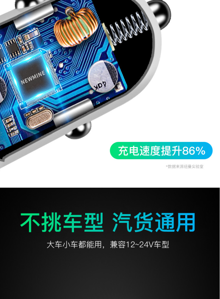 纽曼  数字车载充电器点烟器迷你单USBQC3.0快充 12V/24V车通用