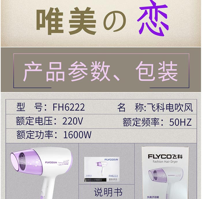 飞科/FLYCO 家用静音可折叠便携式吹风机电吹风大功率吹风筒 FH6222